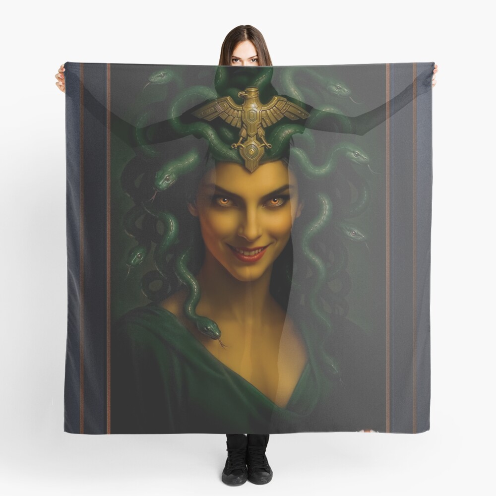The Deviousness Of Medusa And Her Captive Golden Eyes Mesmerizing AI Concept Art by Xzendor7 Decorative Art Print Ladies Scarf