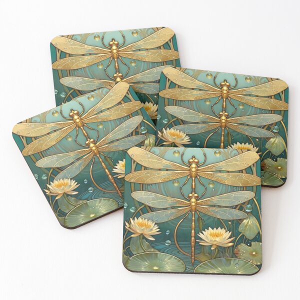 Item preview, Art Nouveau Golden Dragonflies Artwork designed and sold by FlosArtPrintShop.