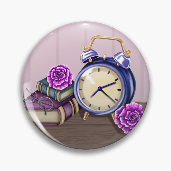 Item preview, A still life with a wooden surface and wallpaper background, featuring an alarm clock, two closed books, a pair of glasses, and two elegant purple roses. The scene has a calm, nostalgic, and homely feel. designed and sold by katecheerycake.
