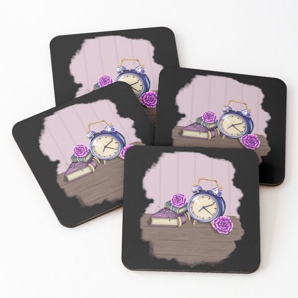 Item preview, A still life with a wooden surface and wallpaper background, featuring an alarm clock, two closed books, a pair of glasses, and two elegant purple roses. The scene has a calm, nostalgic, and homely feel. designed and sold by katecheerycake.