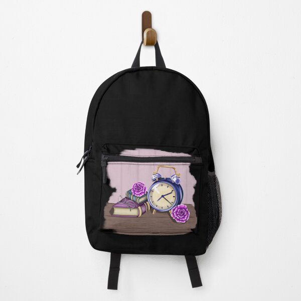Item preview, A still life with a wooden surface and wallpaper background, featuring an alarm clock, two closed books, a pair of glasses, and two elegant purple roses. The scene has a calm, nostalgic, and homely feel. designed and sold by katecheerycake.