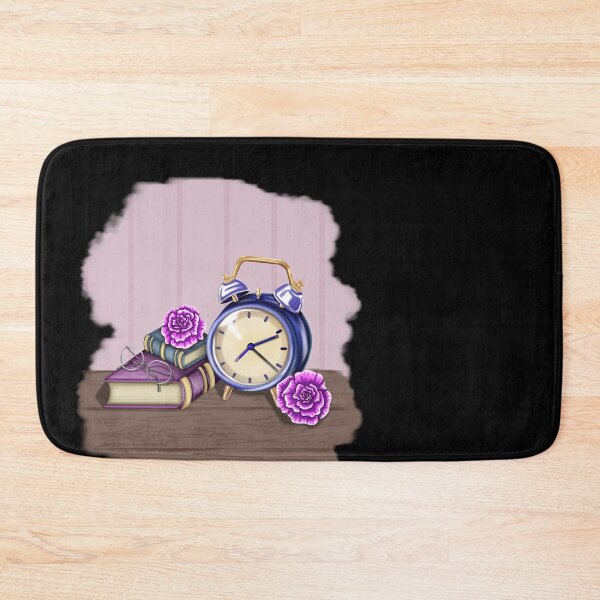Item preview, A still life with a wooden surface and wallpaper background, featuring an alarm clock, two closed books, a pair of glasses, and two elegant purple roses. The scene has a calm, nostalgic, and homely feel. designed and sold by katecheerycake.