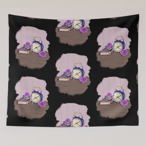 Item preview, A still life with a wooden surface and wallpaper background, featuring an alarm clock, two closed books, a pair of glasses, and two elegant purple roses. The scene has a calm, nostalgic, and homely feel. designed and sold by katecheerycake.