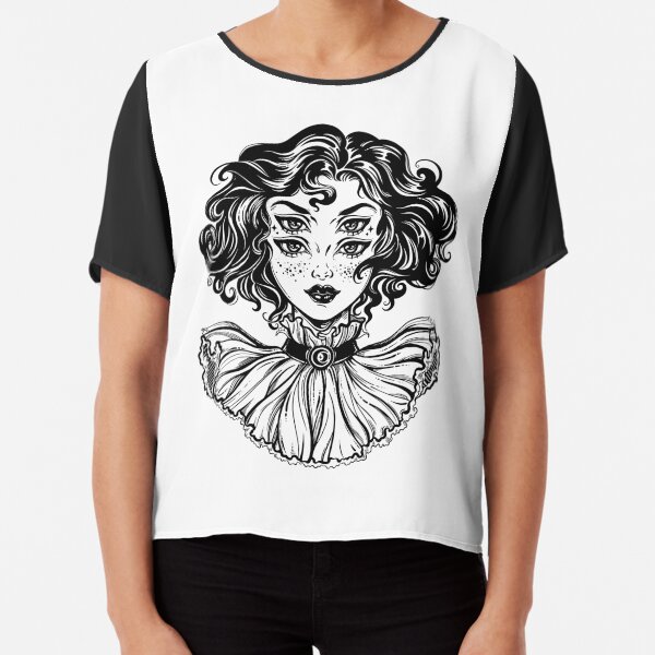 Gothic witch girl head portrait with curly hair and four eyes. Chiffon Top