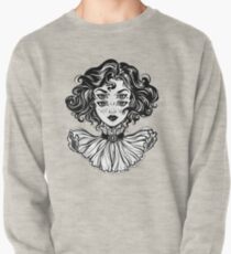 Gothic witch girl head portrait with curly hair and four eyes. Pullover