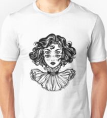 Gothic witch girl head portrait with curly hair and four eyes. Unisex T-Shirt