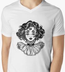 Gothic witch girl head portrait with curly hair and four eyes. V-Neck T-Shirt