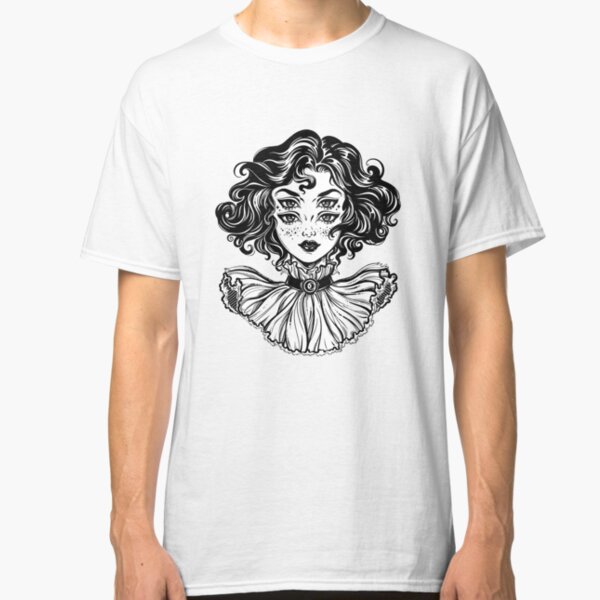Gothic witch girl head portrait with curly hair and four eyes. Classic T-Shirt