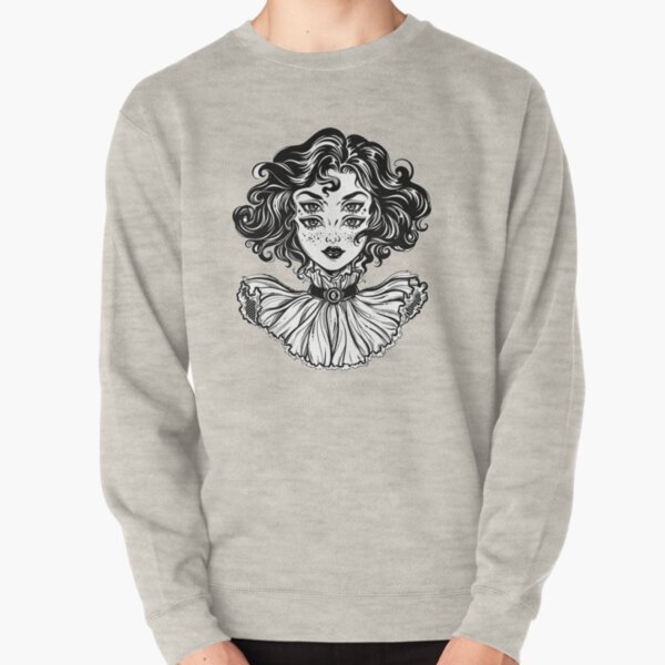 Gothic witch girl head portrait with curly hair and four eyes. Pullover Sweatshirt