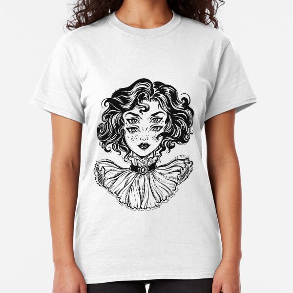 Gothic witch girl head portrait with curly hair and four eyes. Classic T-Shirt