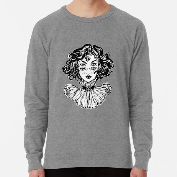 Gothic witch girl head portrait with curly hair and four eyes. Lightweight Sweatshirt