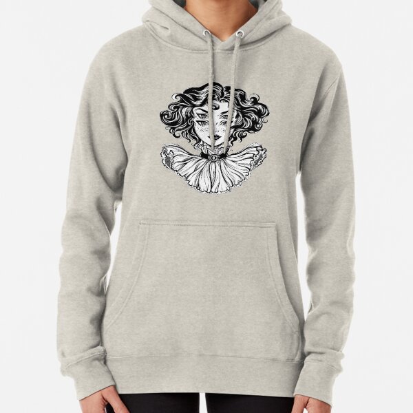 Gothic witch girl head portrait with curly hair and four eyes. Pullover Hoodie