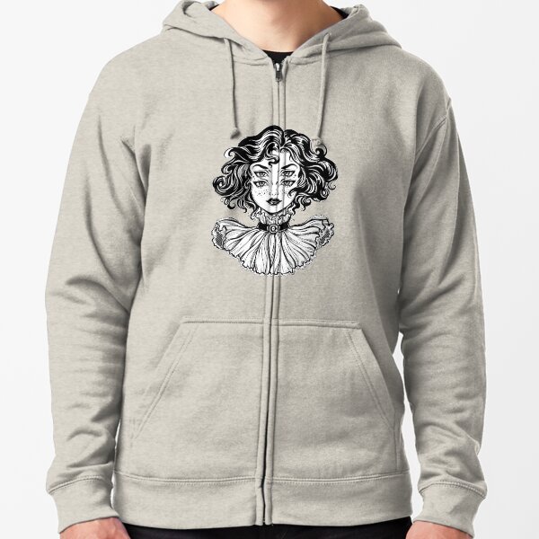 Gothic witch girl head portrait with curly hair and four eyes. Zipped Hoodie