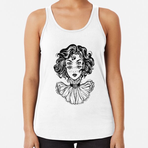Gothic witch girl head portrait with curly hair and four eyes. Racerback Tank Top