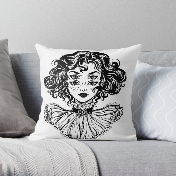 Gothic witch girl head portrait with curly hair and four eyes. Throw Pillow