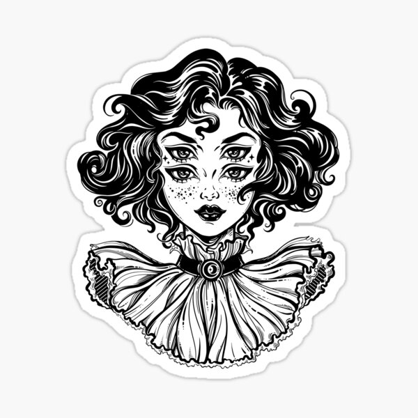 Gothic witch girl head portrait with curly hair and four eyes. Sticker for  Sale by KatjaGerasimova