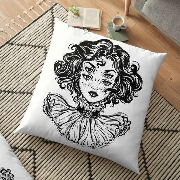 Gothic witch girl head portrait with curly hair and four eyes. Floor Pillow