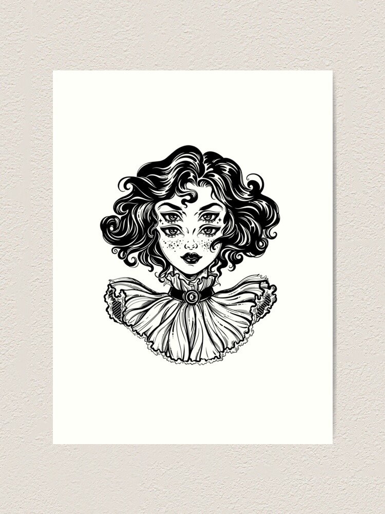Alternate view of Gothic witch girl head portrait with curly hair and four eyes. Art Print