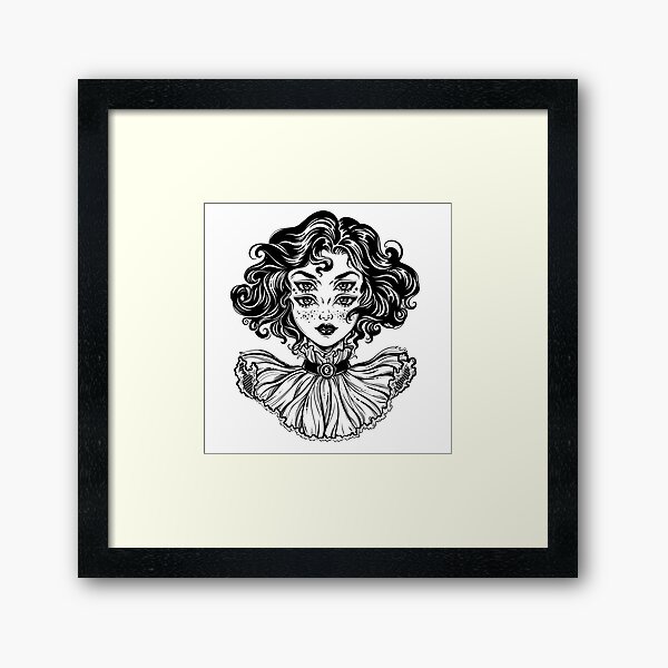 Gothic witch girl head portrait with curly hair and four eyes. Framed Art Print