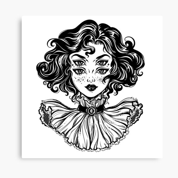 Gothic witch girl head portrait with curly hair and four eyes. Canvas Print
