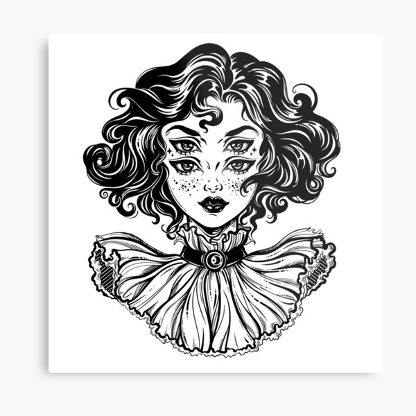 Gothic witch girl head portrait with curly hair and four eyes. Metal Print