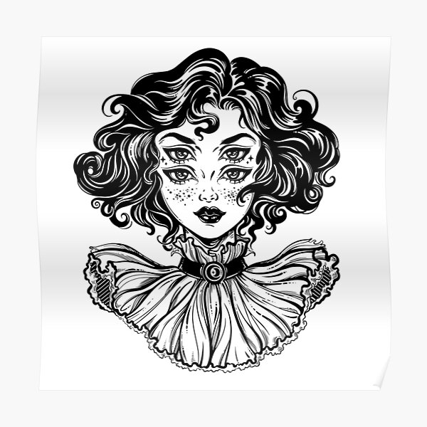 Gothic witch girl head portrait with curly hair and four eyes. Poster