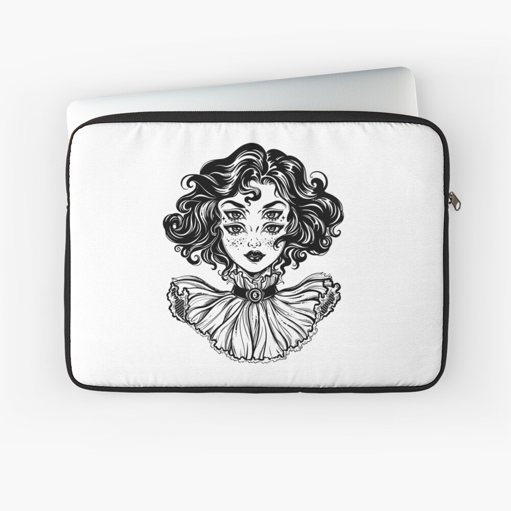 Gothic witch girl head portrait with curly hair and four eyes. Laptop Sleeve
