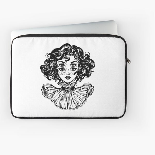 Gothic witch girl head portrait with curly hair and four eyes. Laptop Sleeve