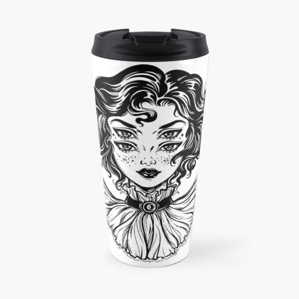 Gothic witch girl head portrait with curly hair and four eyes. Travel Mug