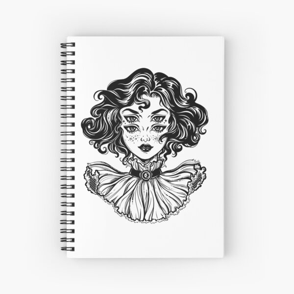 Gothic witch girl head portrait with curly hair and four eyes. Spiral Notebook