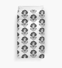 Gothic witch girl head portrait with curly hair and four eyes. Duvet Cover