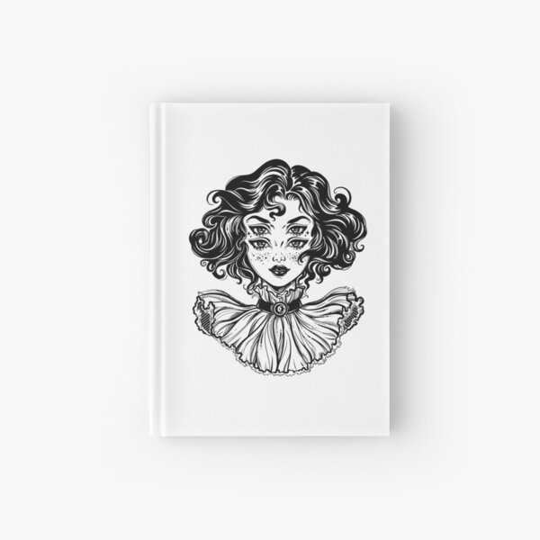 Gothic witch girl head portrait with curly hair and four eyes. Hardcover Journal