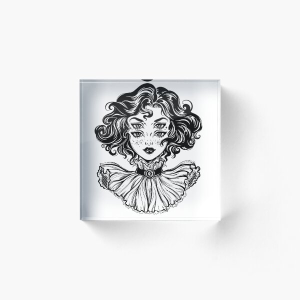 Gothic witch girl head portrait with curly hair and four eyes. Acrylic Block
