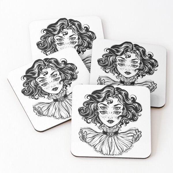 Gothic witch girl head portrait with curly hair and four eyes. Coasters (Set of 4)