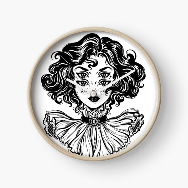 Gothic witch girl head portrait with curly hair and four eyes. Clock