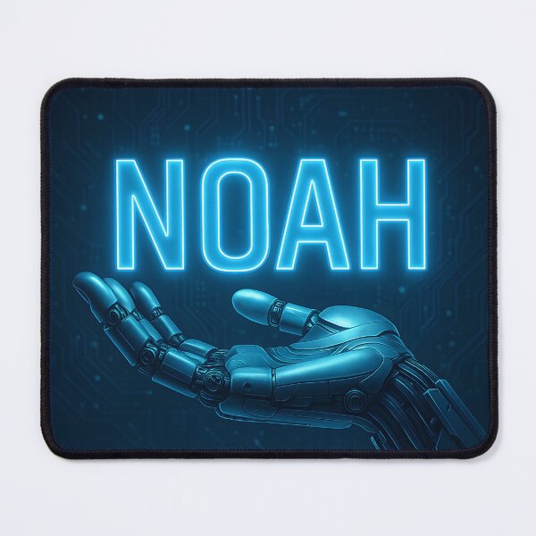 Artikelvorschau, Noah Futuristische Tech-Kunst – Roboterhand hält leuchtendes Namensdesign entworfen und verkauft von VoidBloom Studio.
