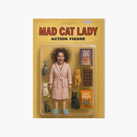 Vista previa del artículo con la obra «Diseño de pegatina de parodia de figura de acción de Mad Cat Lady», diseñado y vendido por Witchbwitch.