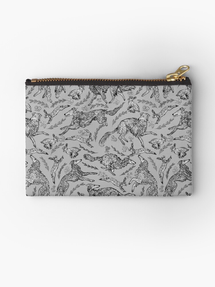 Thumbnail 1 of 4, Zipper Pouch, Hounds and Hares - White Dogs on Silver Field designed and sold by pepperhouse.