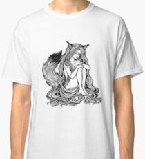 Beautiful Japanese demon fox Kitsune shapeshifter as girl witch with long hair and furry tail. Classic T-Shirt