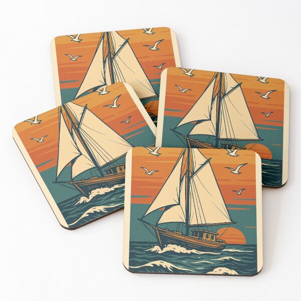 Item preview, Vintage sailboat cruising on open ocean with seagulls and sunset, retro nautical color palette, bold vector designed and sold by Retram.
