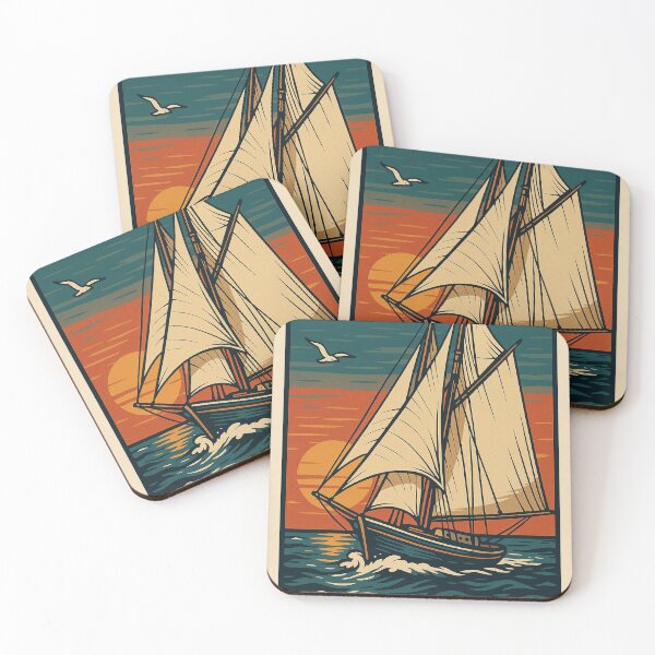 Item preview, Vintage sailboat cruising on open ocean with seagulls and sunset, retro nautical color palette, bold vector designed and sold by Retram.