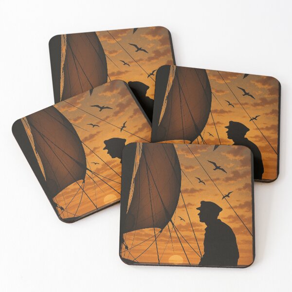 Item preview, Silhouette of a sailor on deck with wind in the sails and birds flying above, golden hour sky, poetic designed and sold by Retram.