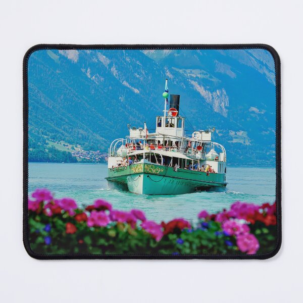 Item preview, Steamship Lötschberg behind flowers on Lake Brienz designed and sold by beatbieri.ch.