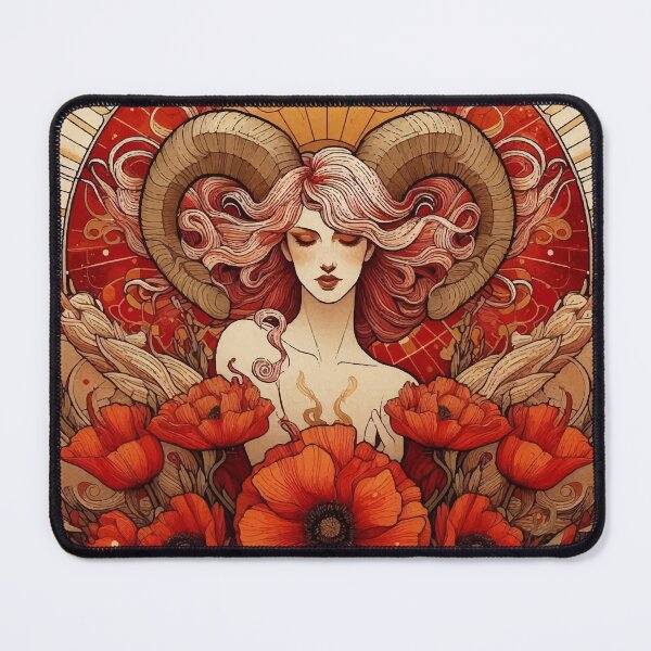 Item preview, Aries Zodiac Art Nouveau | Powerful Feminine Figure with Red Poppies & Golden Ram Horns designed and sold by Ojo de Lilith.