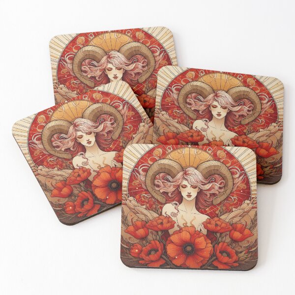 Item preview, Aries Zodiac Art Nouveau | Powerful Feminine Figure with Red Poppies & Golden Ram Horns designed and sold by  Ojo de Lilith.