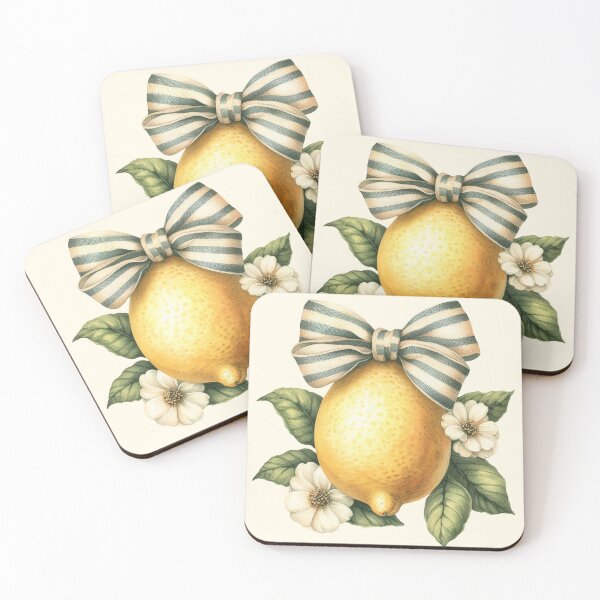 Item preview, Vintage Lemon with Green Leaves, Blossoms and Striped Bow designed and sold by EmeraldeaArt.