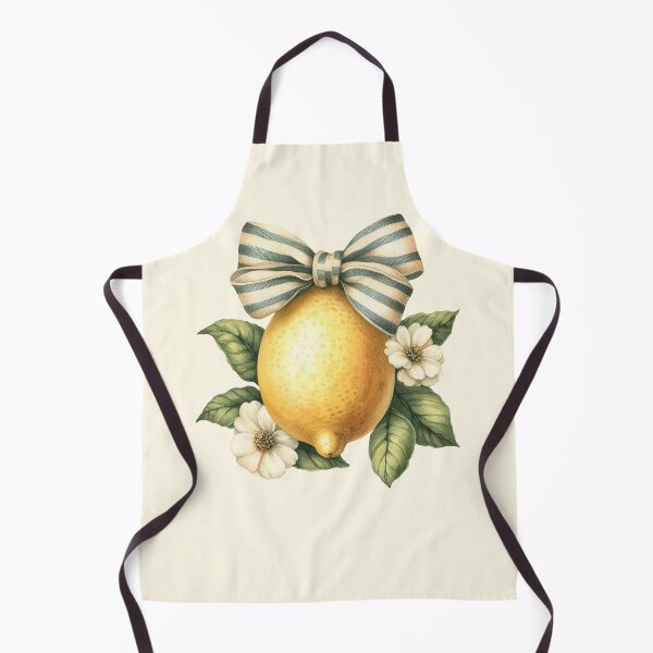 Item preview, Vintage Lemon with Green Leaves, Blossoms and Striped Bow designed and sold by EmeraldeaArt.