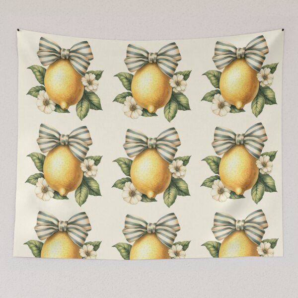 Item preview, Vintage Lemon with Green Leaves, Blossoms and Striped Bow designed and sold by EmeraldeaArt.