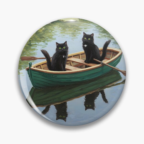 Item preview, Playful Rowboat Ride – Two Black Cats on Lily Pond – Monet Art Style designed and sold by Cherry Dreams.