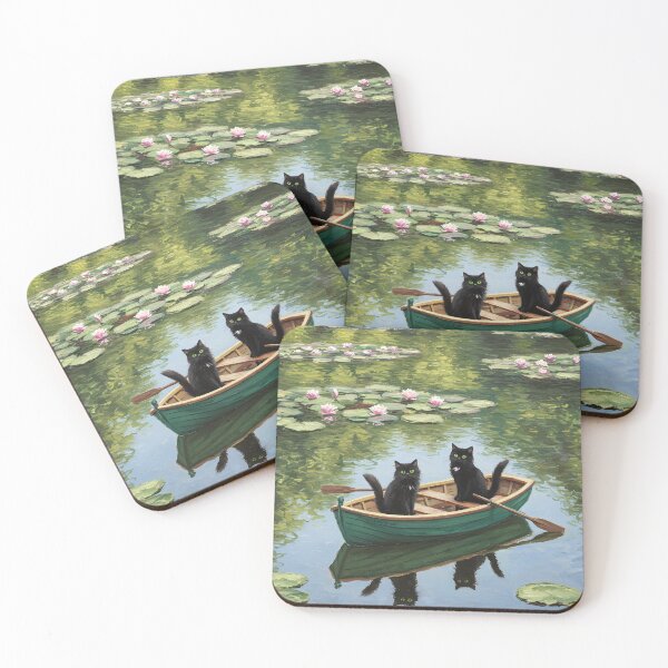 Item preview, Playful Rowboat Ride – Two Black Cats on Lily Pond – Monet Art Style designed and sold by Cherry Dreams.